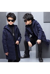 2016冬装韩版男童呢子大衣藏青色格子中长款呢子外套包邮
