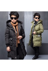 2016冬装韩版男童M标纯色连帽超长款棉衣外套包邮