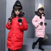 2016新款韩版女童棉衣连帽大毛领球球中长款棉服包邮