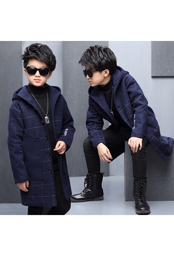 2016冬装韩版男童呢子大衣藏青色格子中长款呢子外套包邮