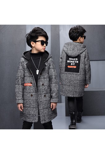 2016冬装韩版男童呢子大衣深灰色格子中长款呢子外套包邮